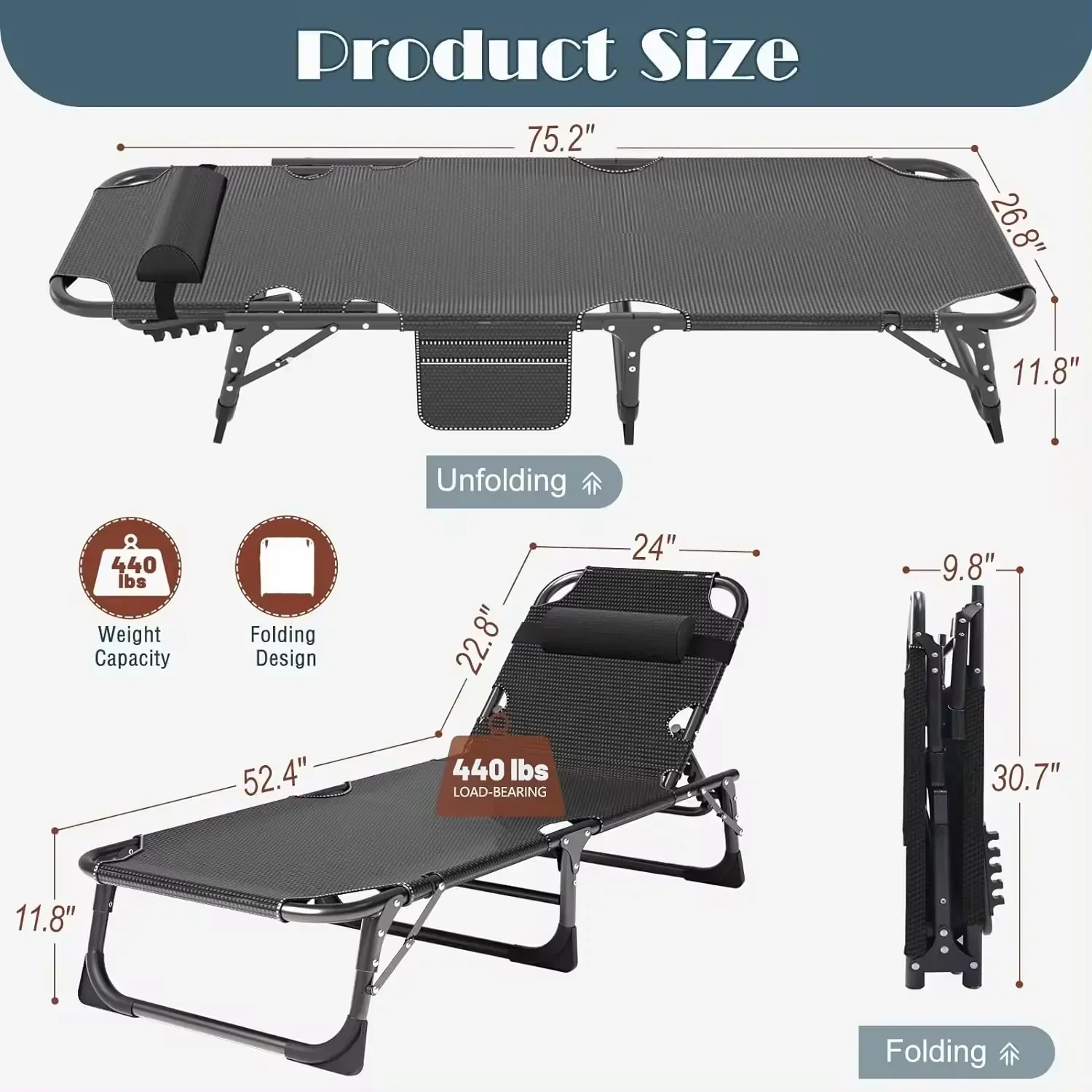 2024 Hot Sales Portable Adjustable Positions Fold up Bed Hideaway Indoor Outdoor Cot Folding Bed with Mattress for Adults