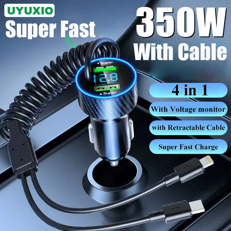 UYUXIO 4 في 1 USB C سيارة مهايئ شاحن الهاتف سوبر سريع في السيارة مع LED الجهد عرض 3.3ft كابل آيفون 16 15 14 سامسونج #2