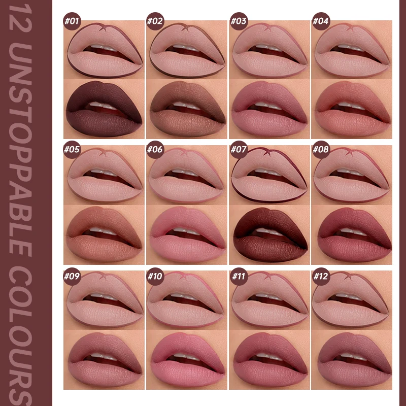 USHAS, set di matite per labbra e lucidalabbra 2 in 1, 12 colori disponibili, smalto per labbra impermeabile e antiaderente, matita per labbra opaca setosa, ragazza