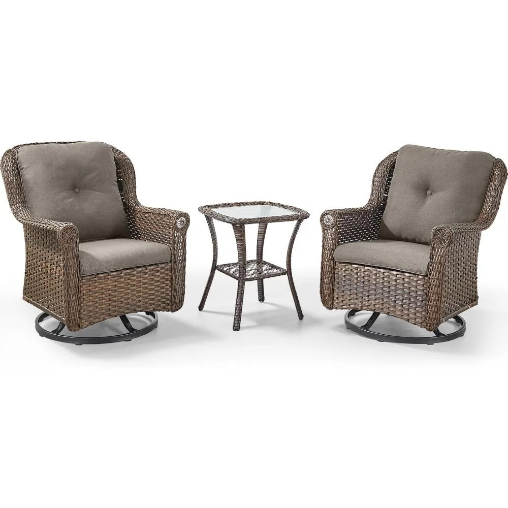 

3 Piece Patio Swivel Chairs and Side Table Set - High Back Outdoor Brown Wicker Rattan Rocking Glider with Thick Cushions for Po