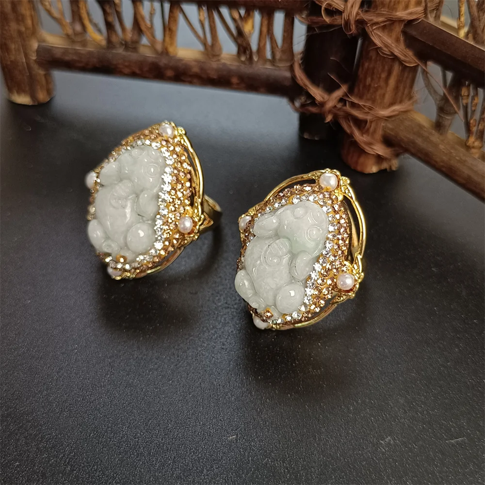 

Natural Jade Pixiu Women's Ring Personalized Fashion Elegant Trend Versatile Luxury Simple Ladies Exquisite Rhinestone Jewelry