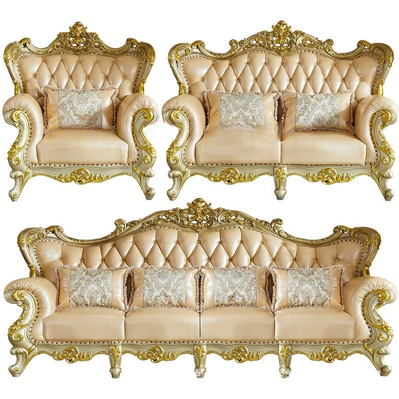 

European style solid wood leather sofa living room furniture combination whole house set complete set of luxury high-end luxury