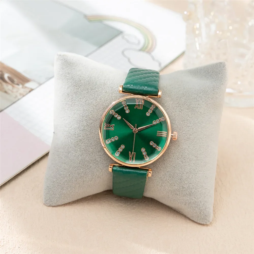 Light Luxury Ladies Brand Diamond Roman Design Watch for Women Dress Quartz Watch Fashion Green Leather Strap Women\'s Wristwatch