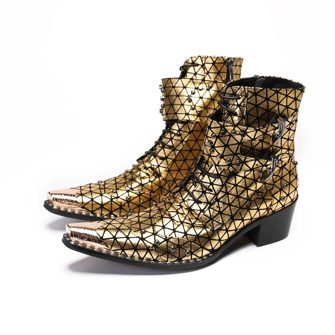 Gold Pointed Toe Men Genuine Leather Club Party Dress Boots Large Size Rivets Buckle Strap Motorcycle Ankle Boots Formal Shoes