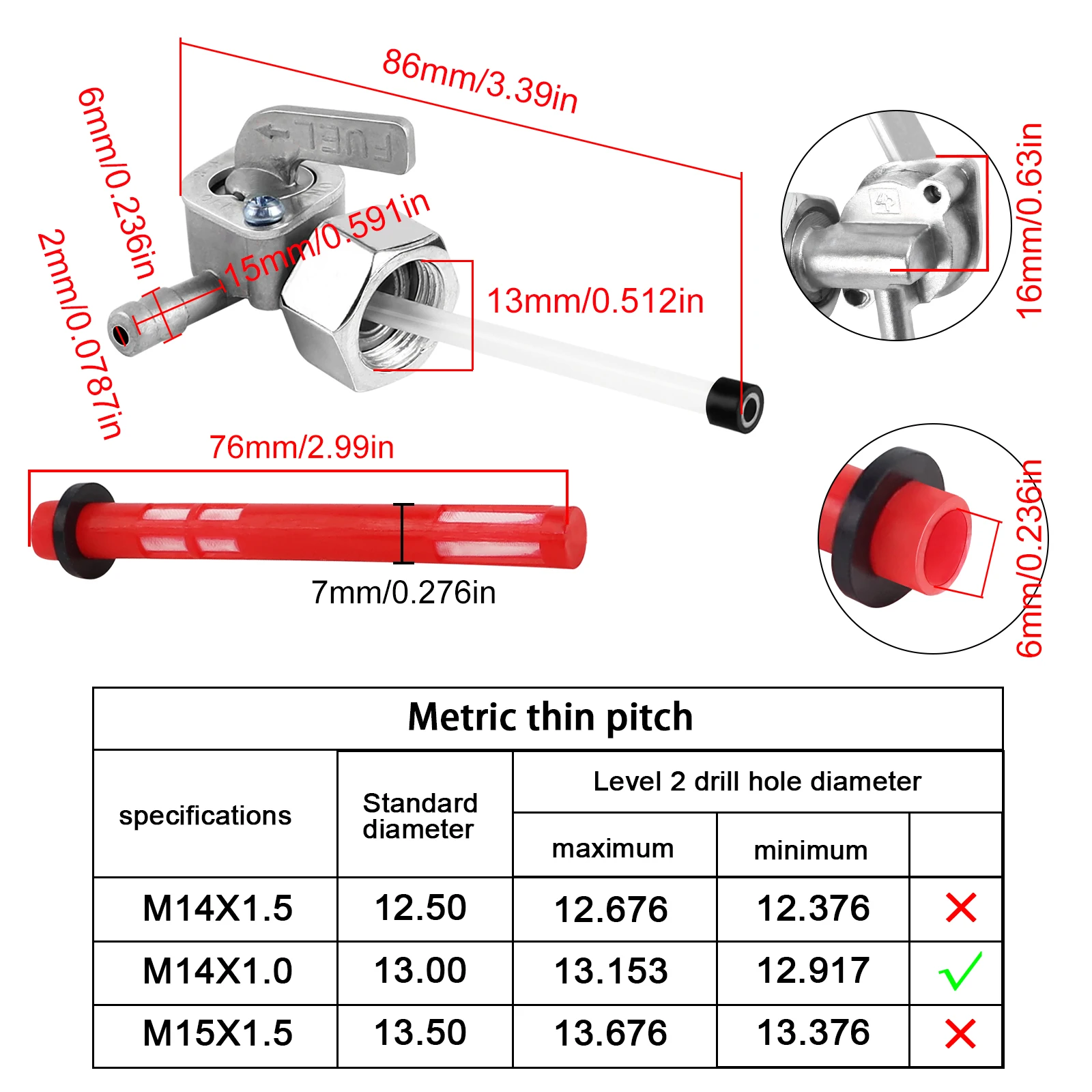 Fuel Petcock Valve Tap Gas Fuel Tank Switch M14*1 for Honda ATC185 ATC200 XL75 XR75 XR80 XR100 CRF50 XL125 CG125 Z50R NC50 NA50