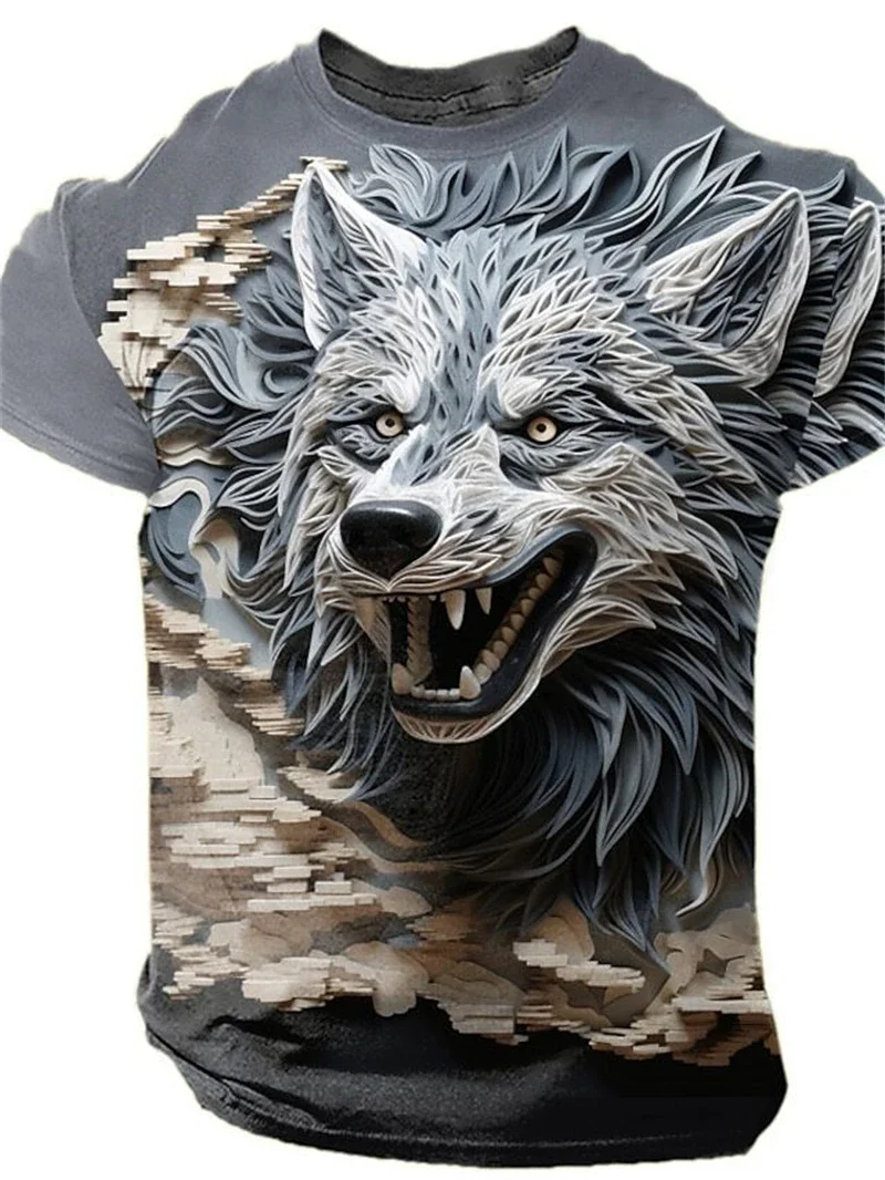 Herren 3D-Wolf-Print T-Shirt Realistisches Tier-Grafikdesign Rundhals Kurzarm Cooles Streetwear Lässiges Atmungsaktives Oberteil