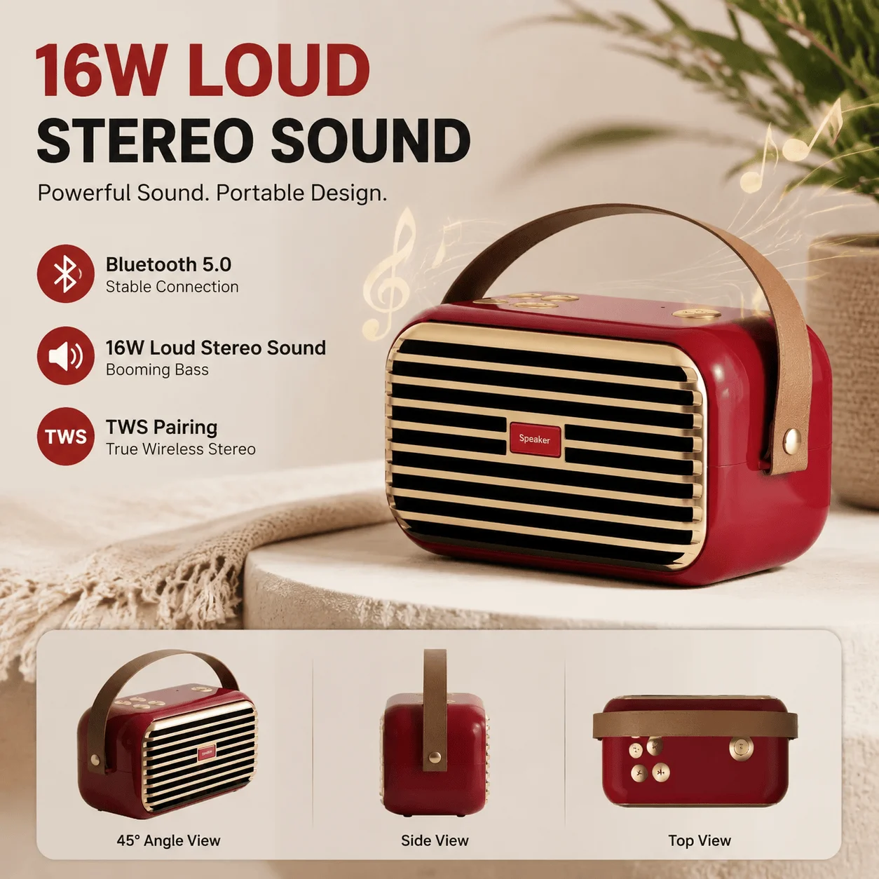 Bluetooth Five Zero Portable Speaker Wireless Stereo Sound 16W Loud Output with True Wireless Stereo Pairing TWS Compatible Dual Channel Deep Bass and Crisp Clear Audio for Home Office Travel Outdoor Entertainment