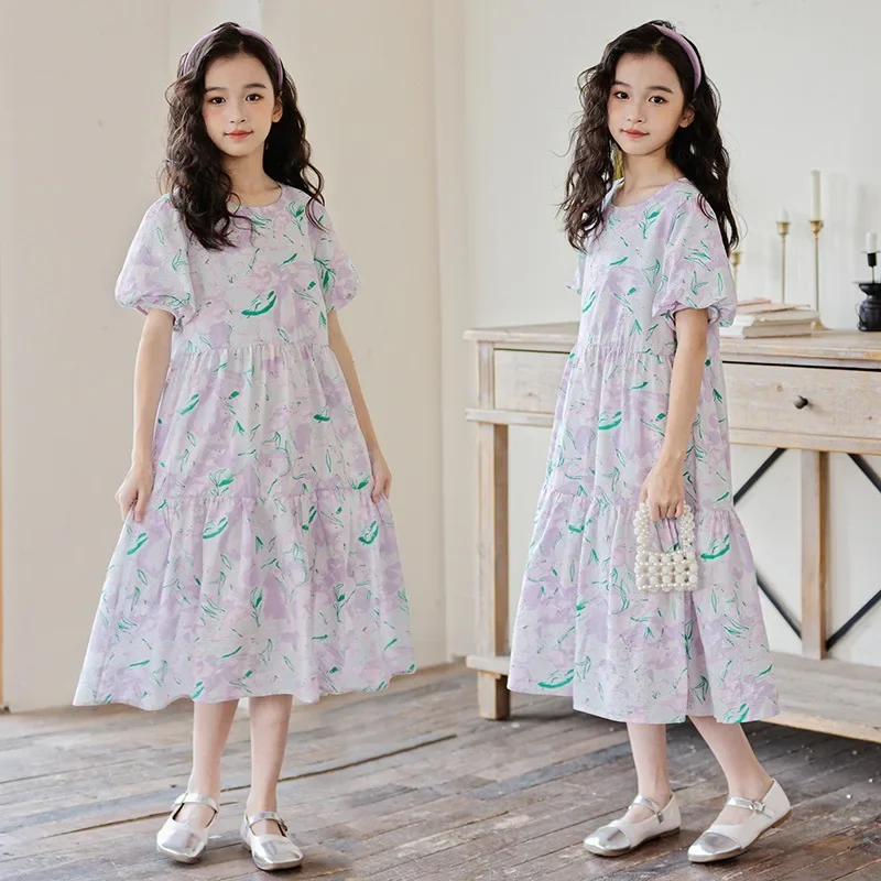 

2025 Summer Dress for Girls Short Sleeve Purple Floral Princess Dresses 4-15 Years Old Casual School Teenage Children Costumes