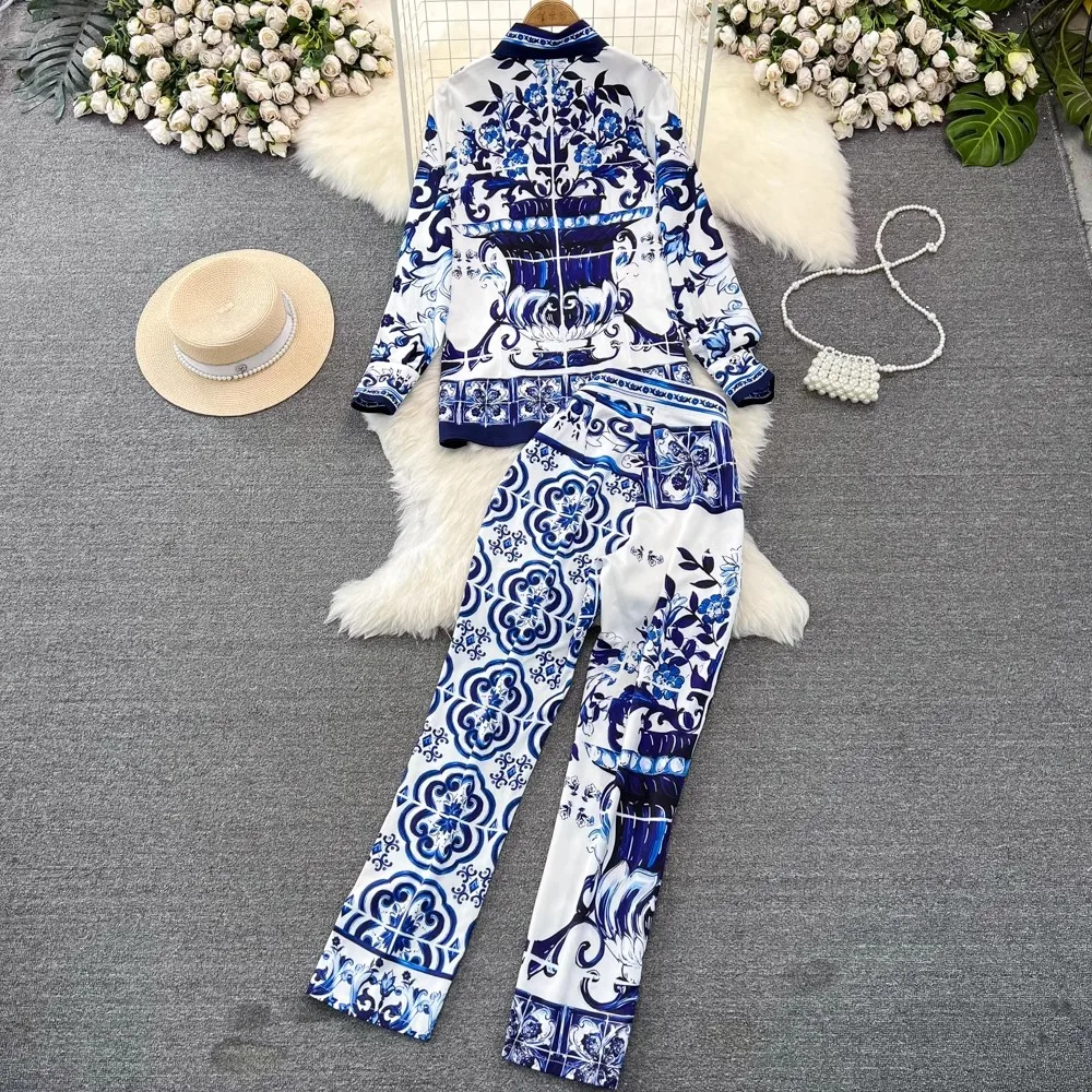 Runway Blue And White Porcelain Set Women\'s Lapel Long Sleeve Print Blouse Shirts And High Waist Cropped Pants Trousers Suit