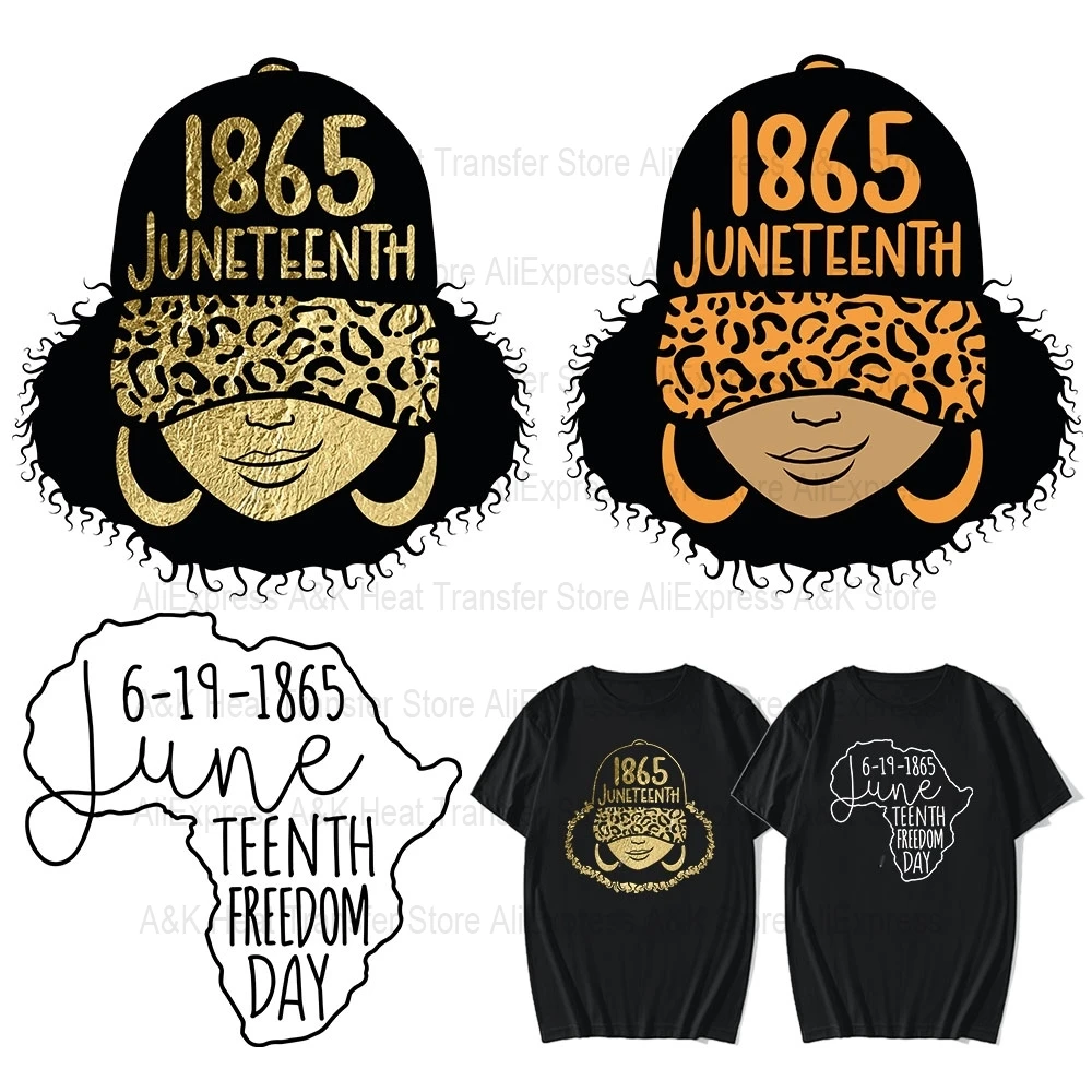 

T-Shirt Stickers Black Woman Leopard Cap Map Iron On Patces Juneteenth 1865 Heat Transfers Decals Badages Applique Diy Accessory