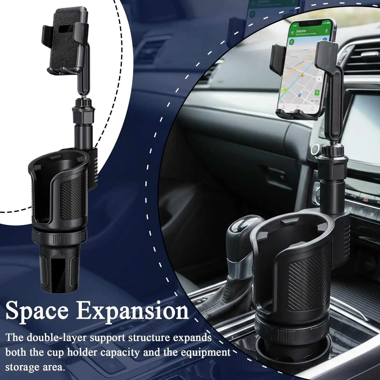 車載用カップホルダー 2 in 1 ドリンクホルダー付きスマホスタンド 360度回転 車載用カップホルダー トラック運転 旅行用