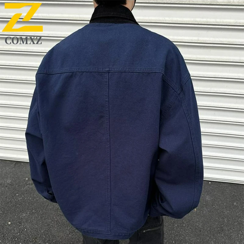 COMXZ Washed Denim Jacket Y2K American Zipper Stitching Flanging Design Streetwear Korean High Street Oversized Men Windbreaker