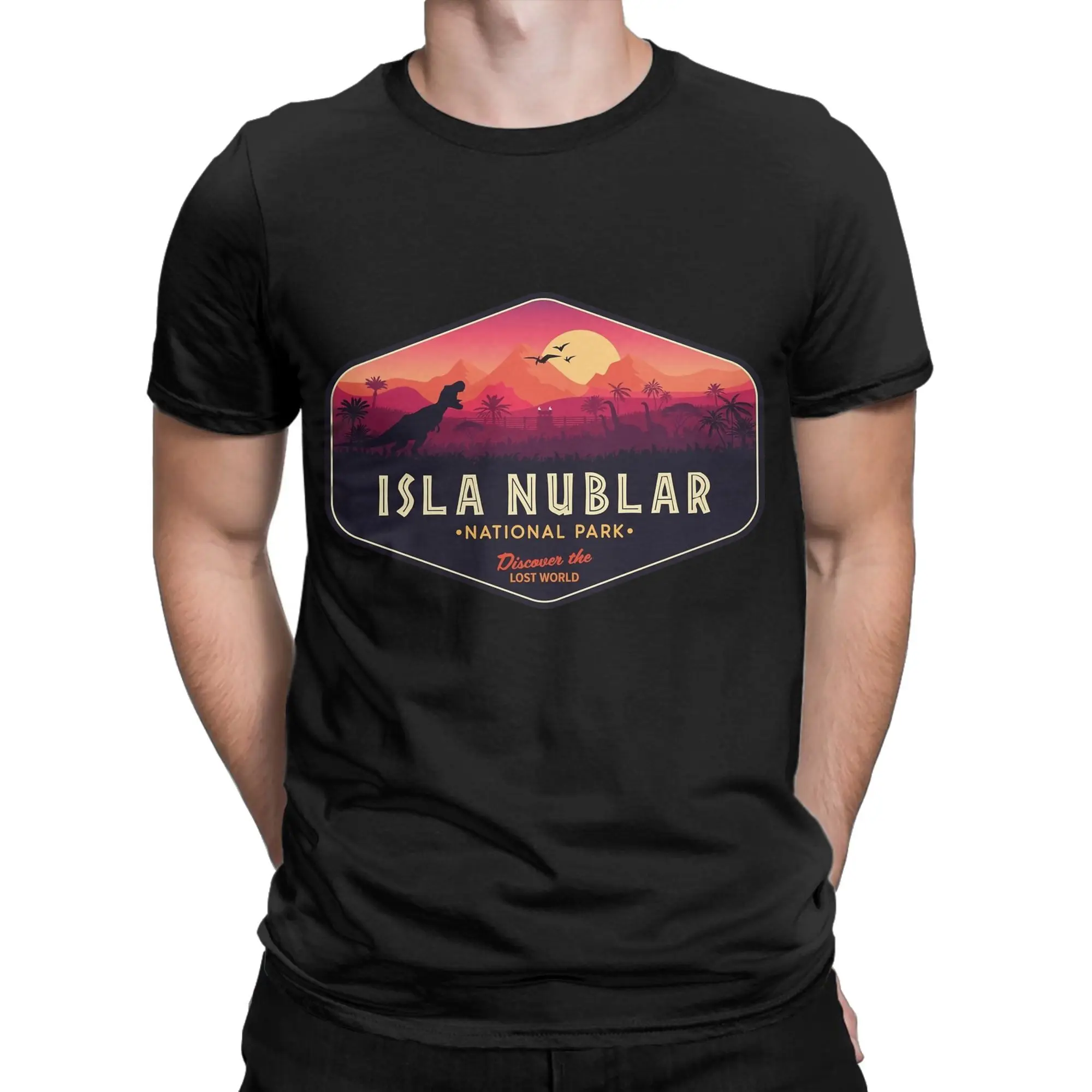 الرجال العالم الجوراسي Isla Nublar الحديقة الوطنية شارة تي شيرت ملابس قطنية نقية الجدة كم الياقة المستديرة تيز تي شيرت