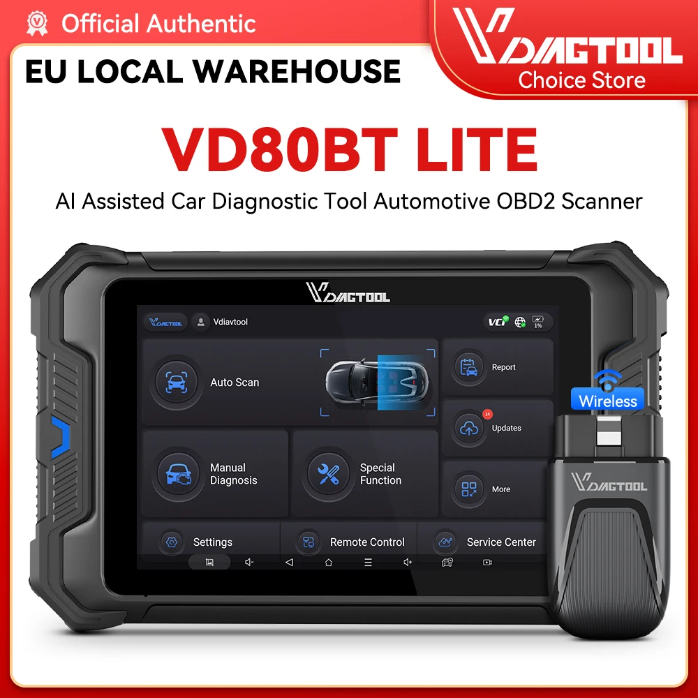 Outil de diagnostic bidirectionnel VDIAGTOOL VD80 BT Lite, scanner OBD2 sans fil 8 pouces 2026 pour système complet avec plus de 28 fonctions de réinitialisation, codage ECU, huile/frein/BMS/SAS, FCA, CAN FD & DoIP, 2 ans de mises à jour gratuites