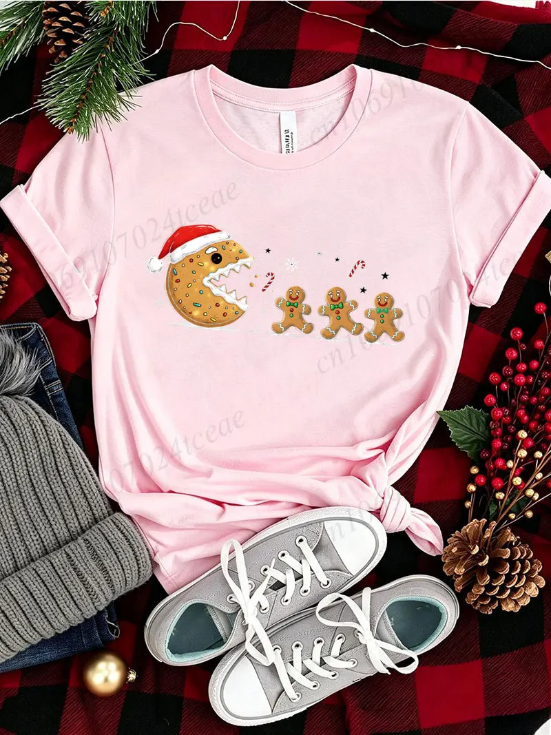 Christmas T Shirt Funny Gingerbread Man Graphic Tees Monster Cookie Santa Hat Cartoon T-Shirts Christmas Party Unisex T-shirt