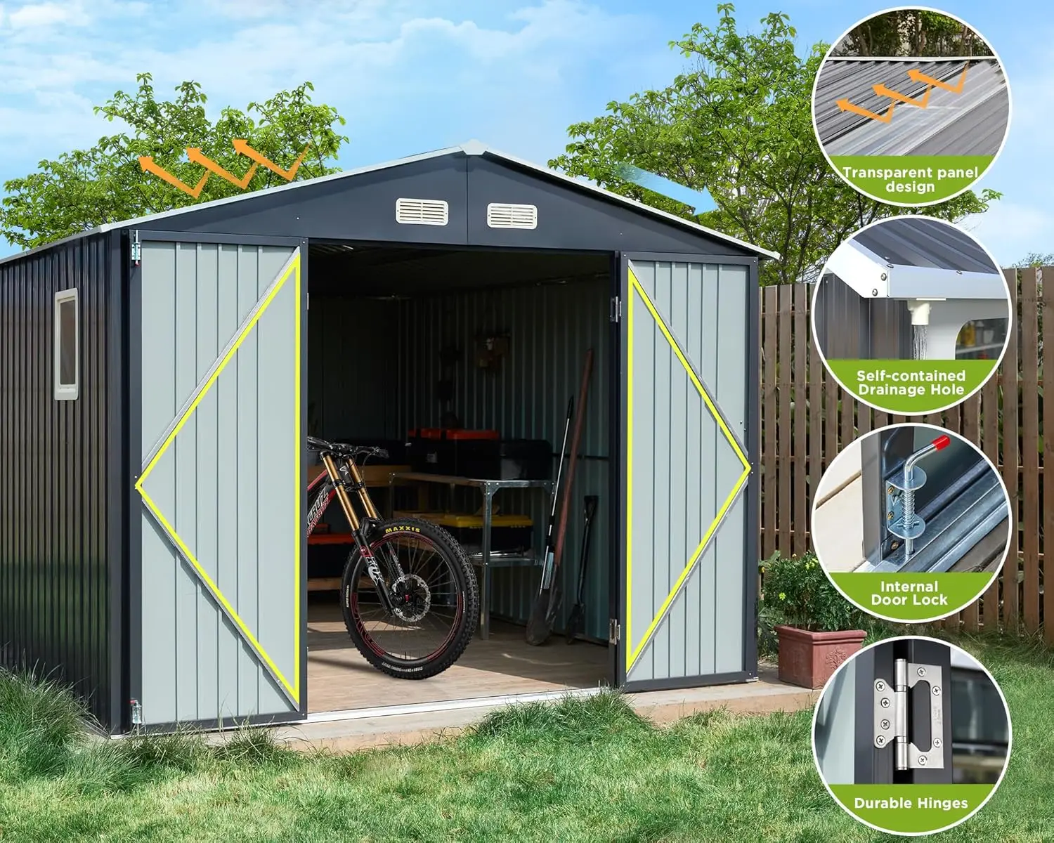 

10x12x7.5 FT Outdoor Storage Shed, Galvanized Steel Metal Garden Sheds w/ 2 Light Transmitting Window & Double Lockable Door