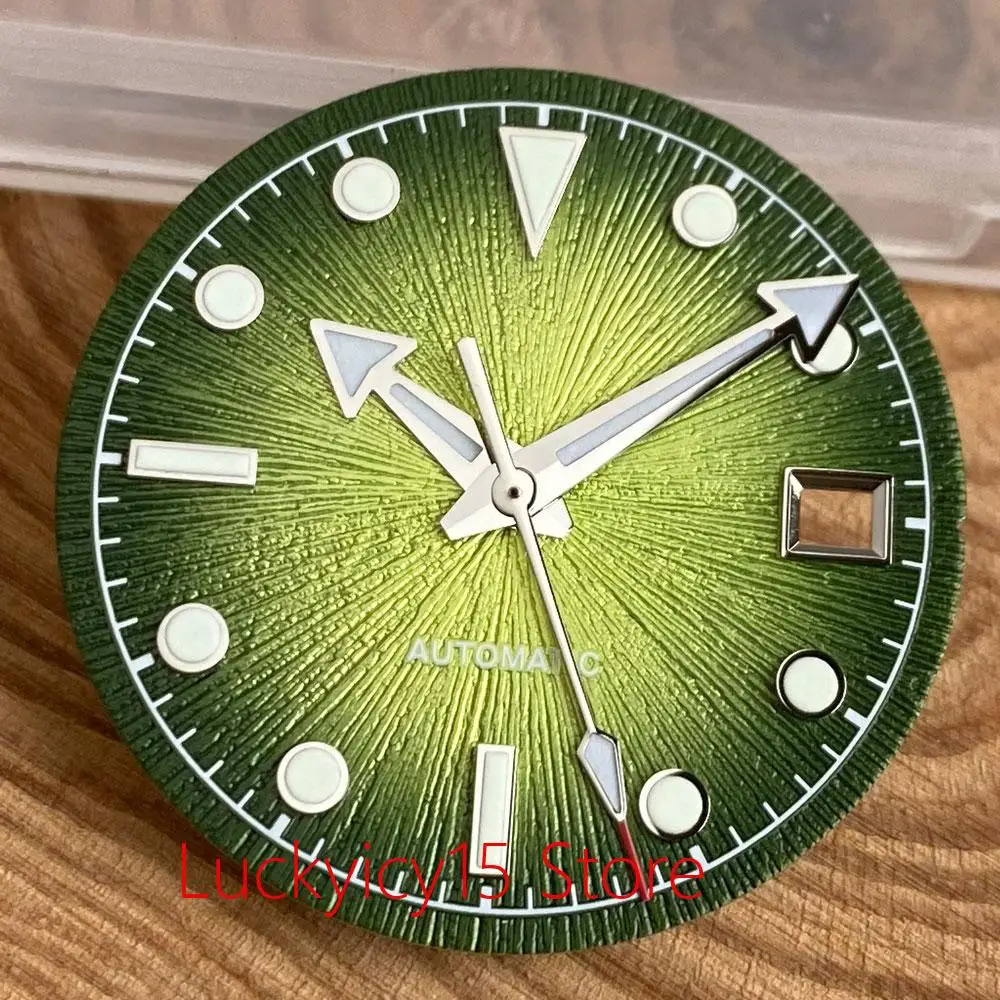 Rot/Blau/Grün 29mm Uhrenzifferblatt mit Farbverlauf, Textur und Zeigersatz, Leuchtmarkierungen für ETA 2824 ST2130 Miyota 8215 Uhrwerk Ersatzteile