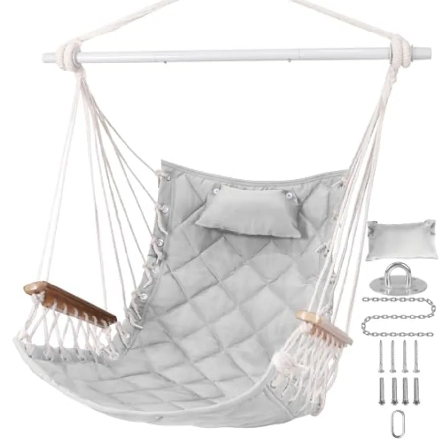 

Hammock Chair Hanging Swing with Wooden Armrest;Steel Spreader Bar, Pillows, Hardware kit Included;Cotton Woven Fabric;Up to 35