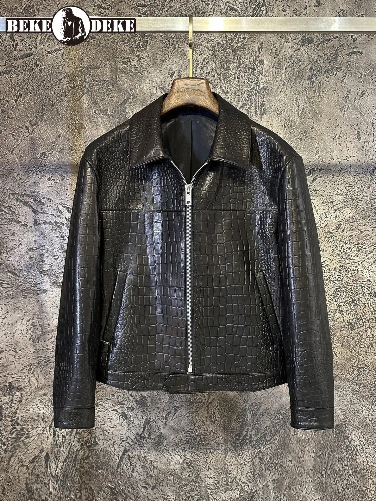 High Quality Goatskin Genuine Leather Jacket Men Zipper Fashion Designer Crocodile Pattern Casual Punk Motorcycle Short Coat