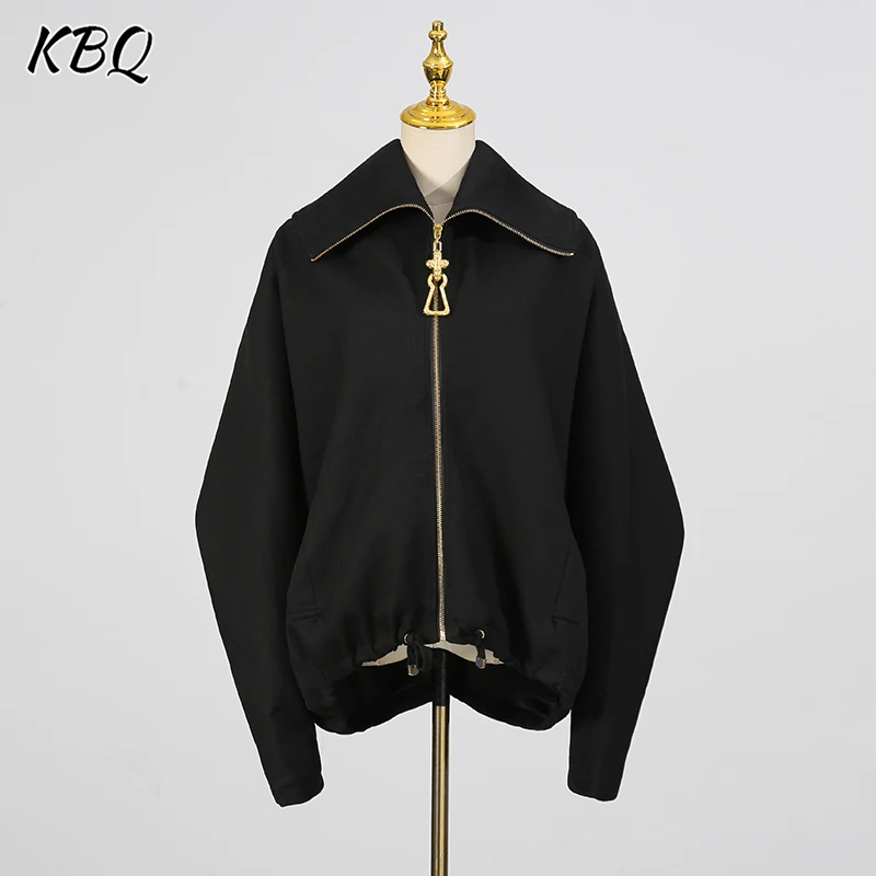 

KBQ Solid Spliced Zipper Loose Jacket for Women Lapel Long Sleeve Loose Design Casual Jackets Femsle Summer Fashion New Clothes
