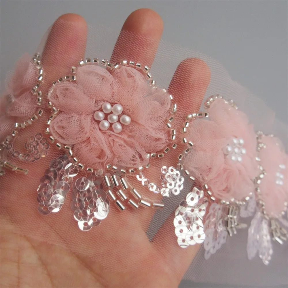 6.5*5cm 10x Pink 3D Sequins Beads Flower Lace Trim Ribbon Voile Applique Embroidered Sewing Craft Dress Clothes Hat Decoration