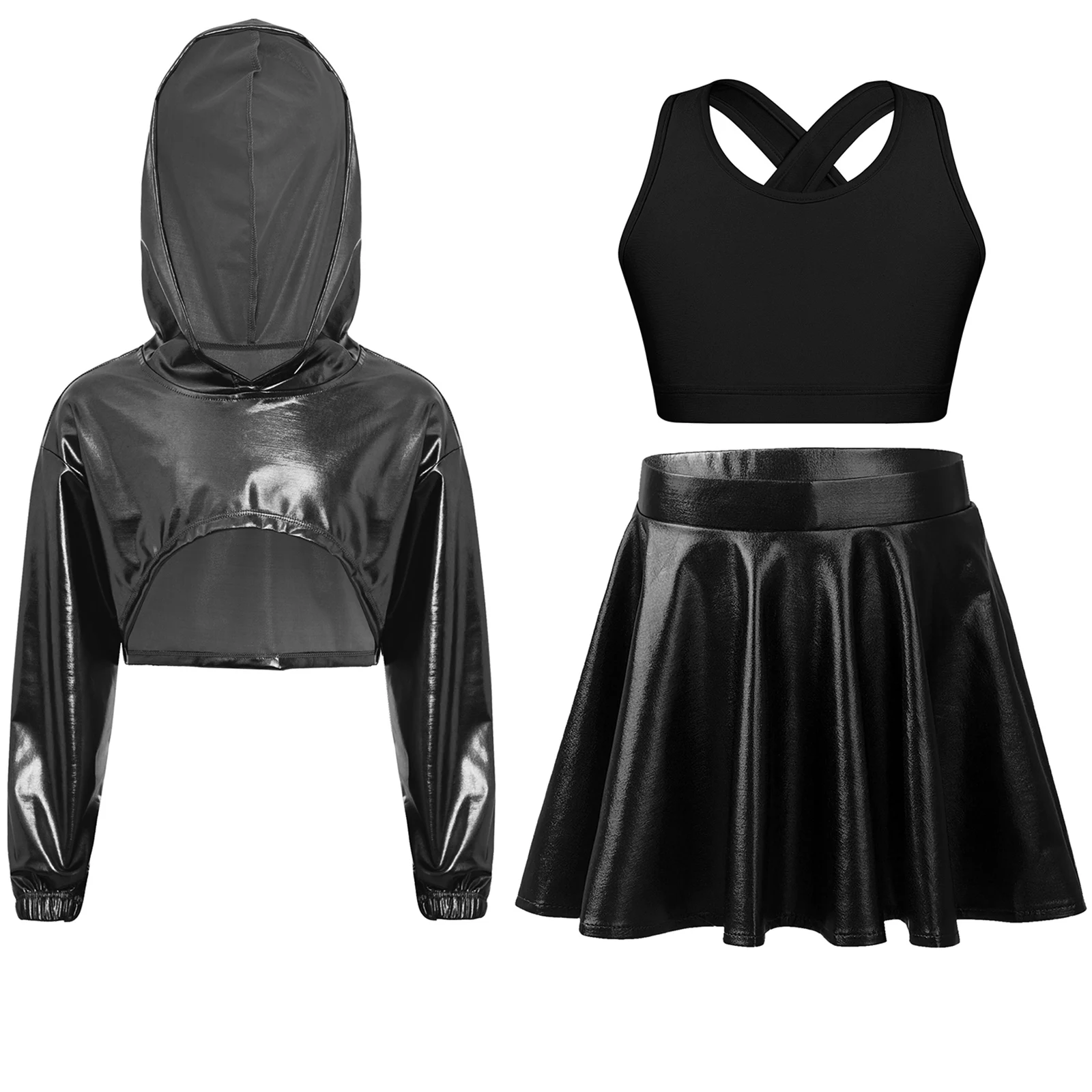 

Kids Girls Metallic Hip-Hop Jazz Dance Outfits Long Sleeve Asymmetrical Hem Hoodie+Cropped Vest+Skirt for Cheerleading Dancewear