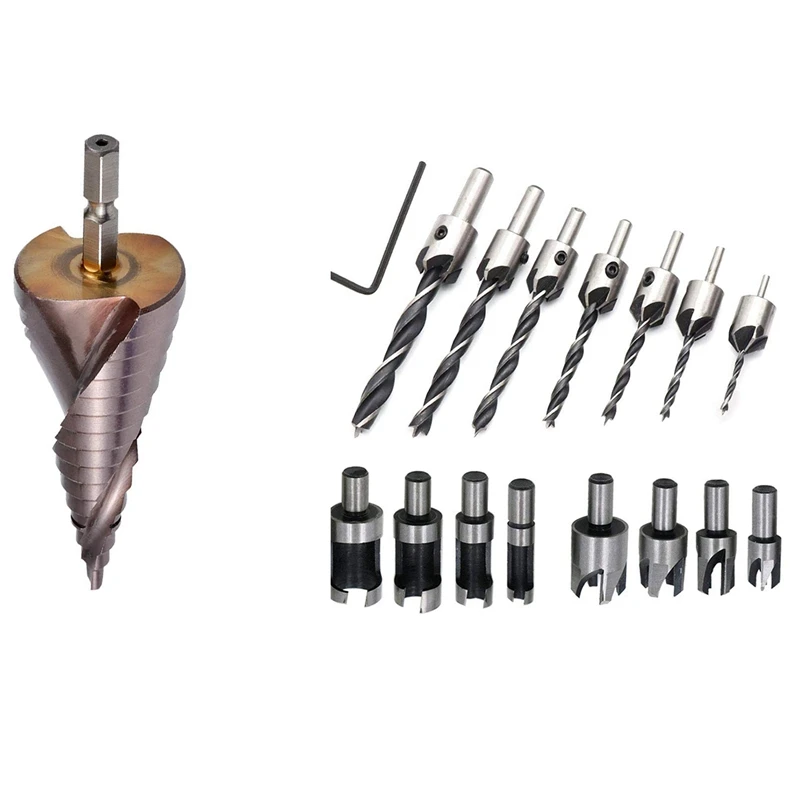 1Pcs M35 Hss Co Step Drill Bit Cobalt Cone Drill Bits 4-32Mm & 8 Pcs Hss Taper Claw Type Wood Plug Cutter Drill Bits