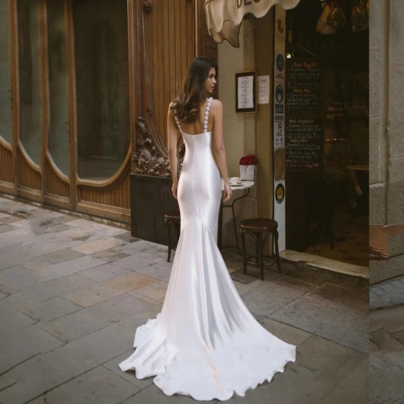 Robe de Mariée Sirène en Satin Élégante avec Bretelles Spaghetti pour Femme, Patients avec Traîne, Quelle que soit la Collection 2024