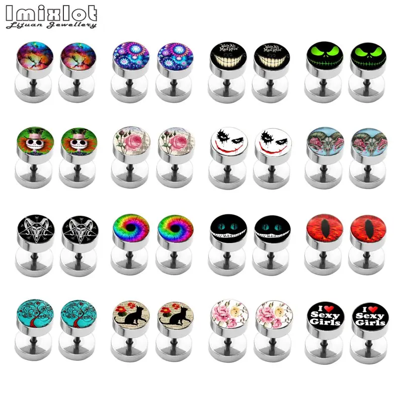 2pcs Multiple Styles Punk Stainless Steel Earrings Women Men Dumbbells Barbell Round Pierceing Ear Stud Earring Fashion Jewelry