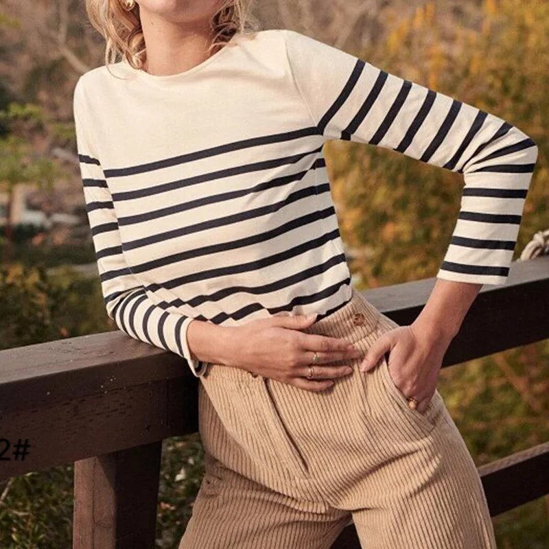 

EMBELLIKE Marine Crew Neck Striped T Shirt Women Long Sleeve Combed Cotton Tops Tees Regular Fit S-XL