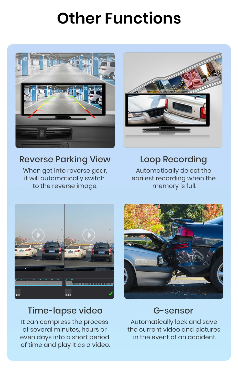 Junsun 10,26 Zoll Dashcam 4K Auto-DVR, kabelloses Carplay für Apple Android Auto, GPS-Navigation, Dashboard-Videorecorder, IPS-Touchscreen, Dual-Objektiv-Rückfahrkamera, BT-Audio, AUX, WIFI, FM – Detail 16