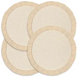 Round Cotton Placemat Set of 4, Boho Woven, Washable Table Placemats for Dining, Home, Farmhouse Decor, Heat Resistant Place Mat