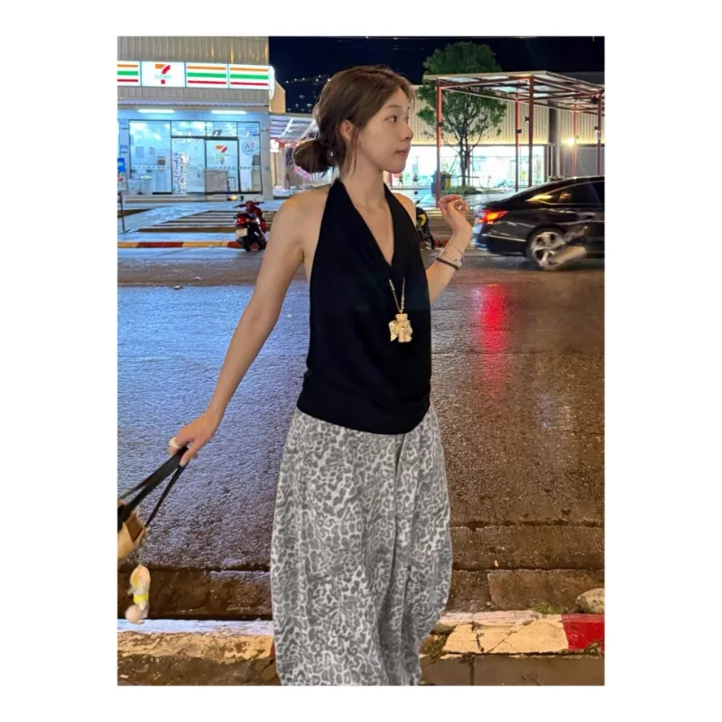 Gothic Y2K Leopard Hosen Frauen Distressed Grunge Breite Bein Hosen 90er Jahre Punk Mode Hohe Taille Übergroßen Casual Street Style