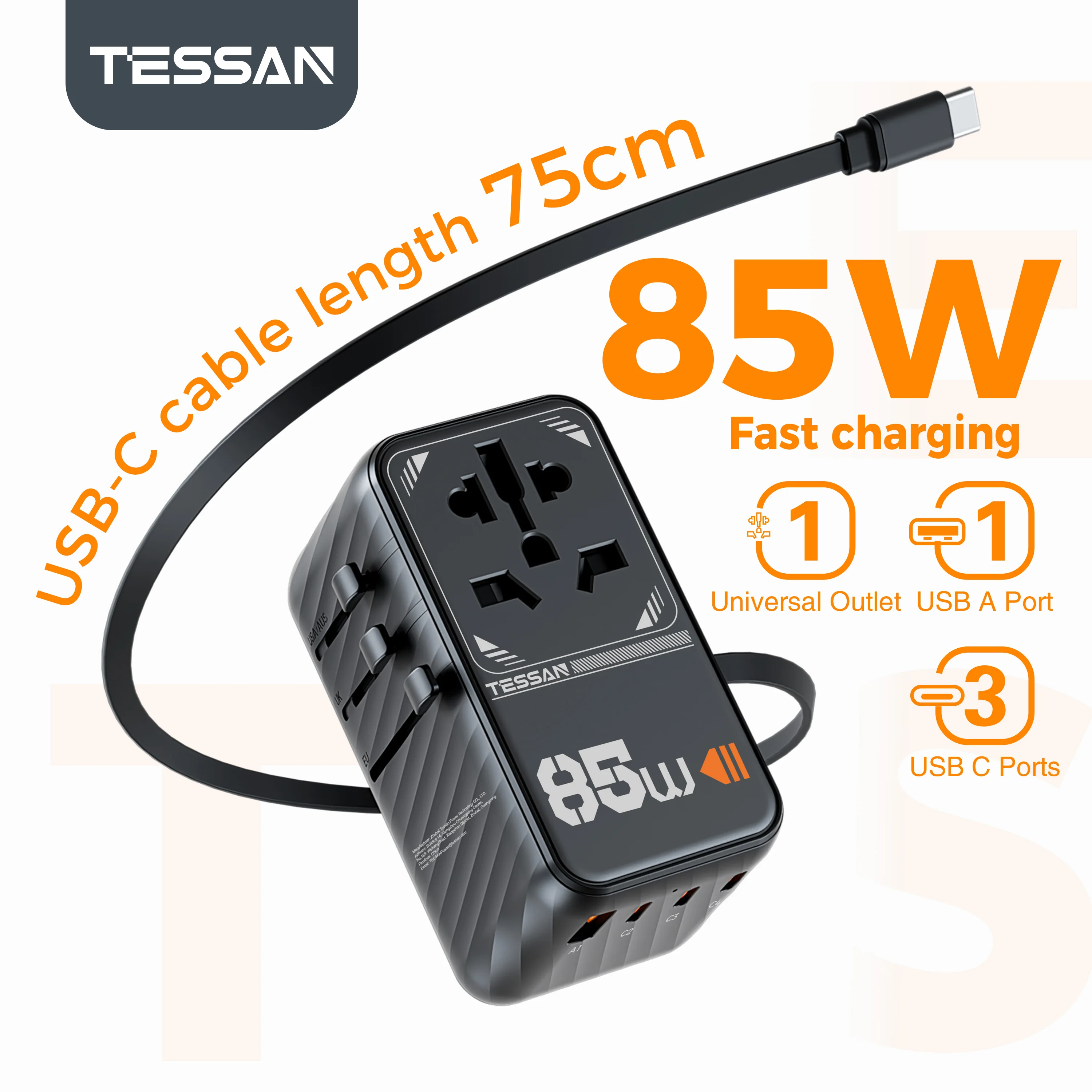 TESSAN 85W GaN Universal Travel Adapter with Retractable USB C PD Cord Fast Charge All-in-one Worldwide Charger for EU/UK/US/AUS