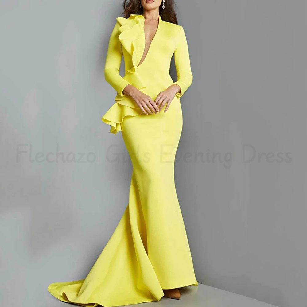 Flechazo Yellow Mermaid Floor Length Evening Dress Chic V-Neck and Long Sleeves with Ruffles Custom Made Women Banquet Gowns