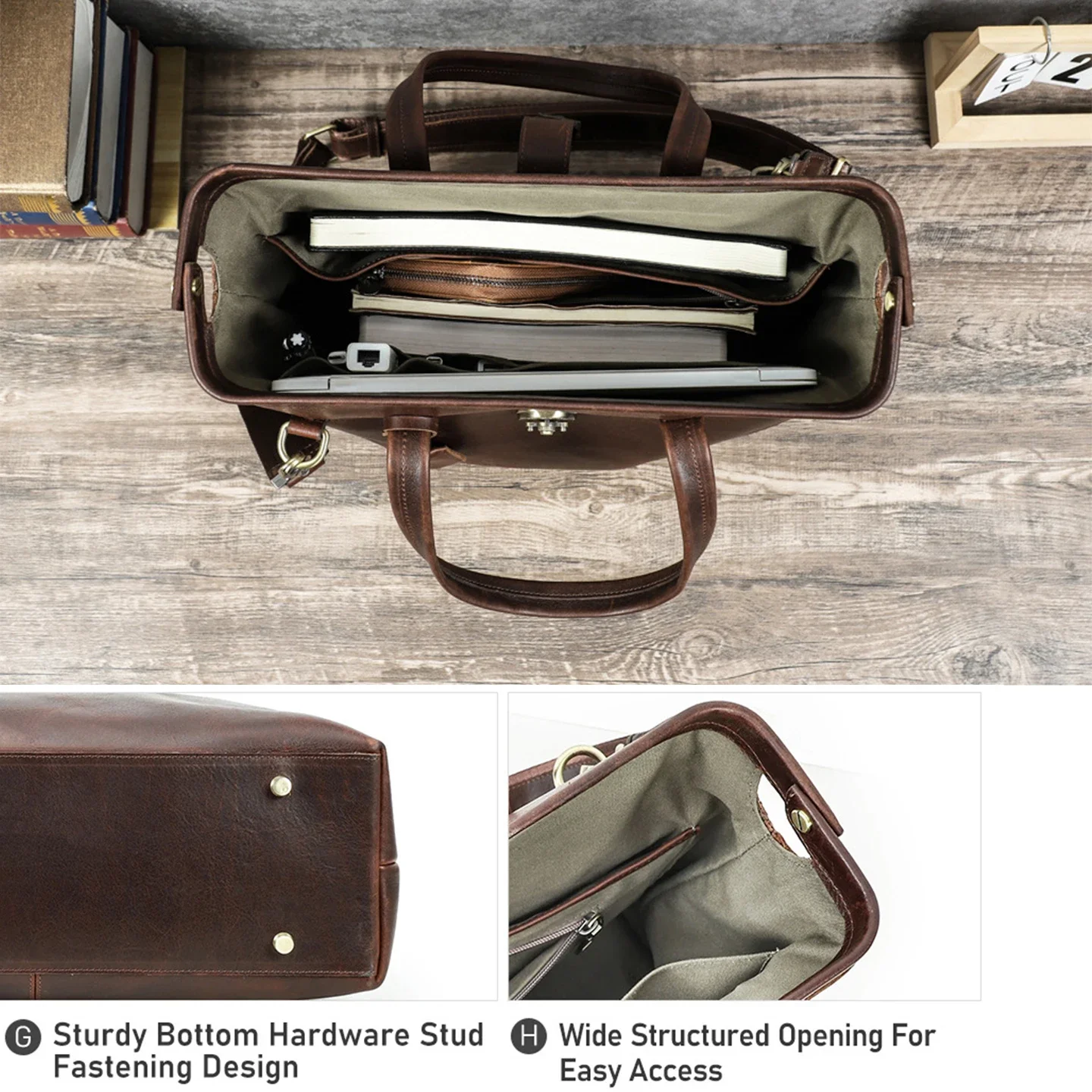 Vintage Full Grain Genuine Leather Briefcase, High End Unisex Business Handbag Shoulder Crossbody Tote Bag For 14 Inch Laptop