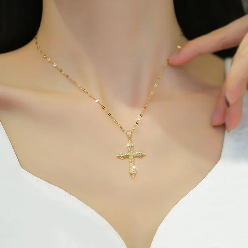 Exquisite Gold Color Stainless Steel Inlaid Crystal Cross Pendant Necklace for Women Men Luxury Full of Zircon Chokers Jewelry