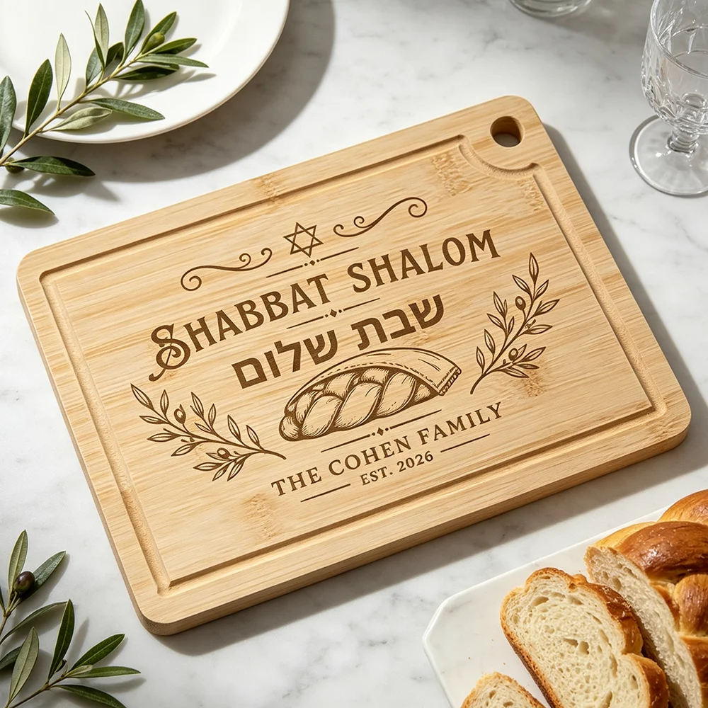 Personalized Challah Board Bamboo Wood Shabbat Shalom Hebrew Cutting Board Jewish Family Gift Judaica Housewarming Gift Decor