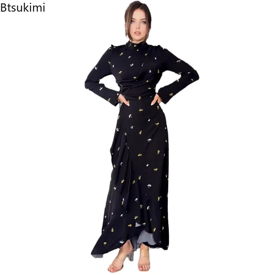 2024 Spring Pretty and Elegant Women Long Dresses Muslim Long Sleeve Flounced Edge Print Maxi Dress Abaya Dubai Arab Kaftan Robe