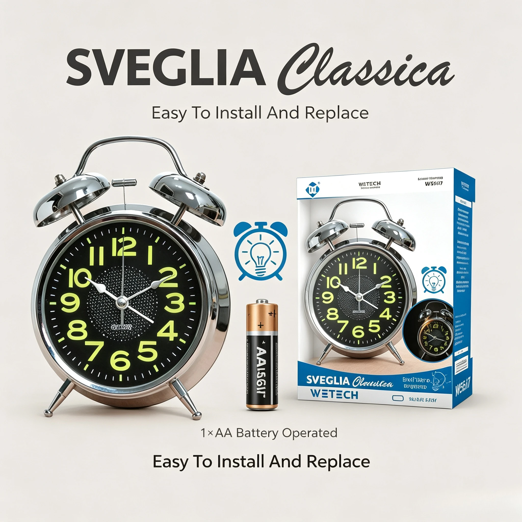 Orologio da tavolo analogico vintage con doppio campanello, movimento al quarzo, quadrante luminoso e luce notturna, stile retrò, ideale per la camera da letto e per l’arredamento della casa.