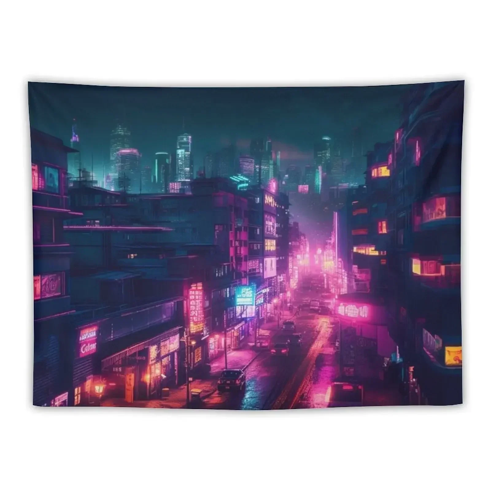 

Bright Synthwave Lofi city at nightime Tapestry Home And Comfort Decor Home Decoration Accessories Room Aesthetic Tapestry