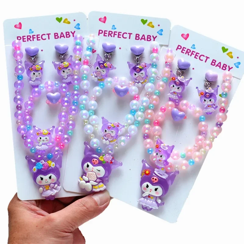 

Sanrio hello kitty new kids accessories bracelet kuromi beaded necklace pendant choker baby jewelry ear clip ring gift birthday