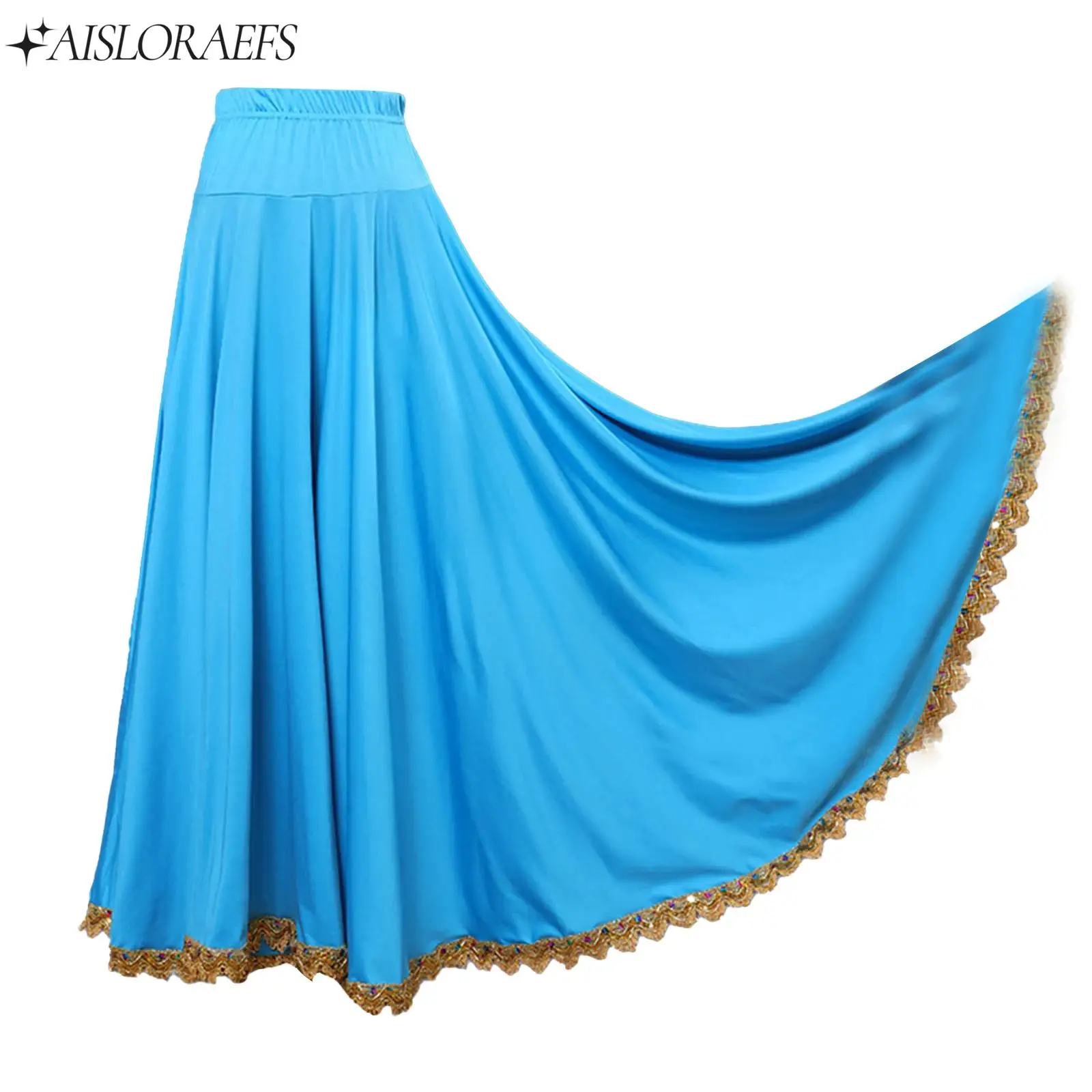 Womens Adult Flamenco Long Skirt Performance Costumes Elastic Waistband Gold Trim Big Swing Skirt Ballroom Ethnic Dance Skirts