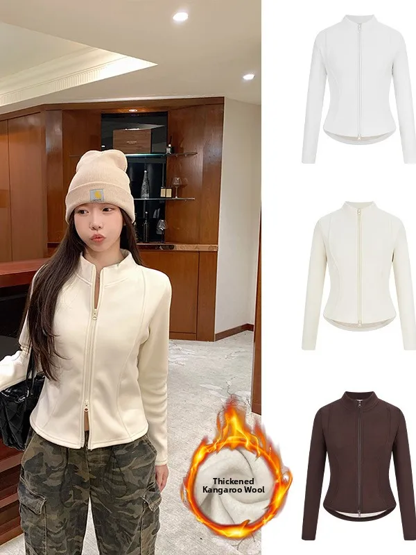 

Slim Fit Zipper Jaet Women's Winter New Sle Thiened Warm ort Outerwear Top Stand Collar Fce Lined Regular Sve