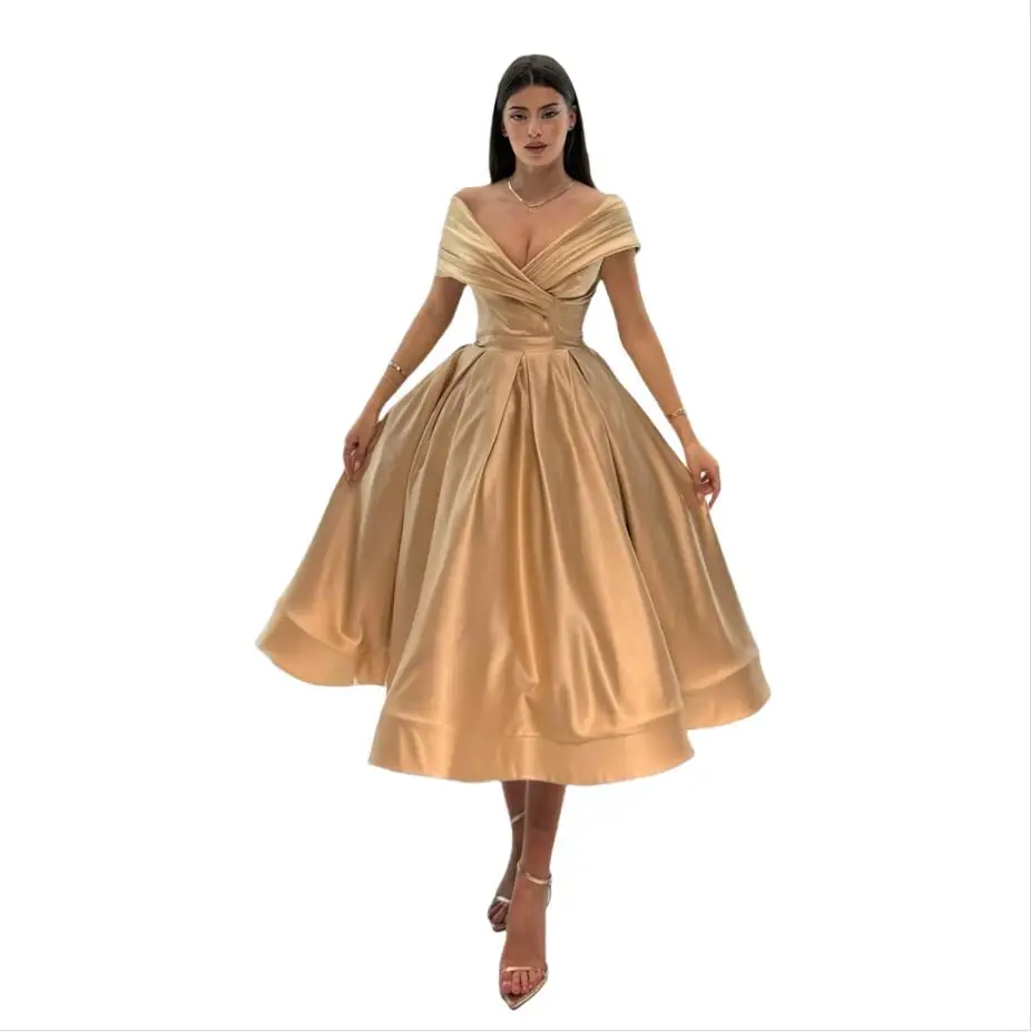 

Champagne Prom Dresses Arabic Short Party Dress Elegant vestidos de Novia Customized Pageant Gown