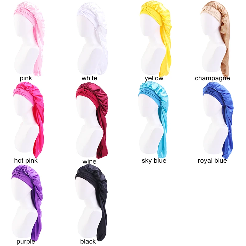 Neue Frauen lange Übergroße elastische satin Motorhaube Schlafmütze mit Band Atmungsaktive schlafmütze turban schlaf Kopfbedeckung Bandanas – Detail 7