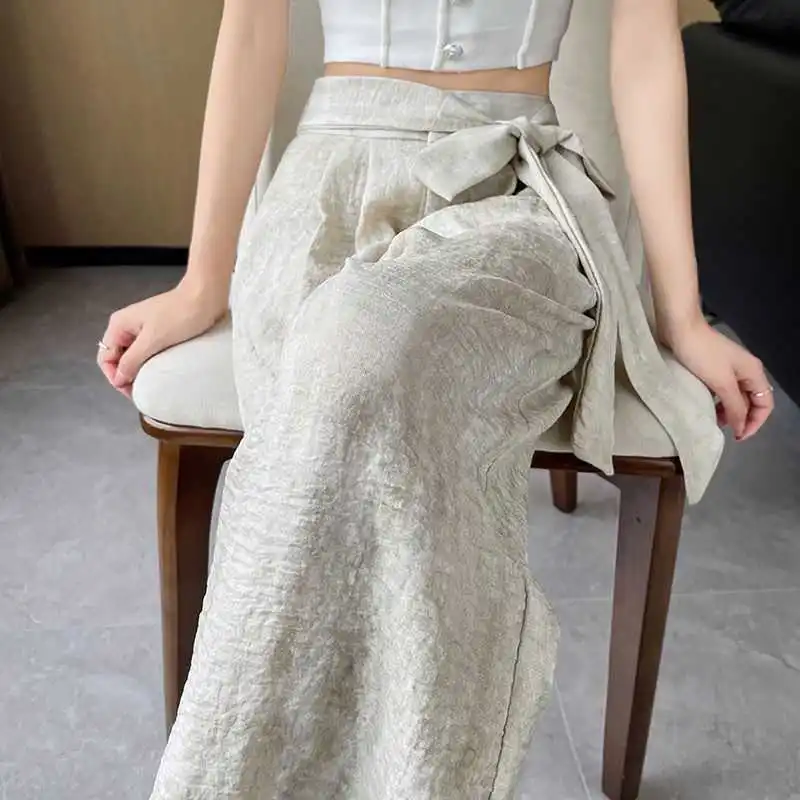 Women\'s Clothing Summer Trendy Lace Up High Waist Casual Streetwear Wide Leg Pants Female Vintage Linen Loose Straight Trousers