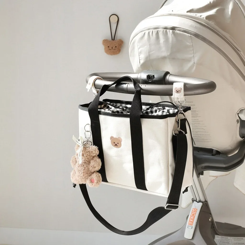 Large Drawstring Storage Multi-functional Tote Walking Mother and Baby Bag Embroidery Bear Canvas Bag Outing Bag