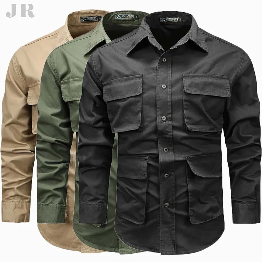 Men's Military Tactics Multi-pocket Solid Color Long Sleeve Shirt Outdoor Fashion Casual Training Wear Shirt