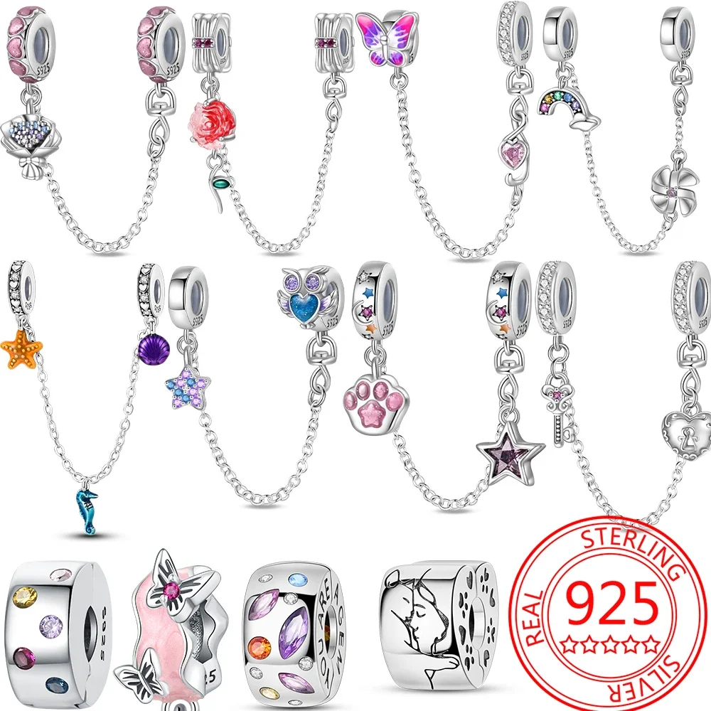 925 Sterling Silver Fixed Clip Rainbow Charm Rose Pendant Zircon Suitable for Bracelet Original Women DIY Jewelry Making